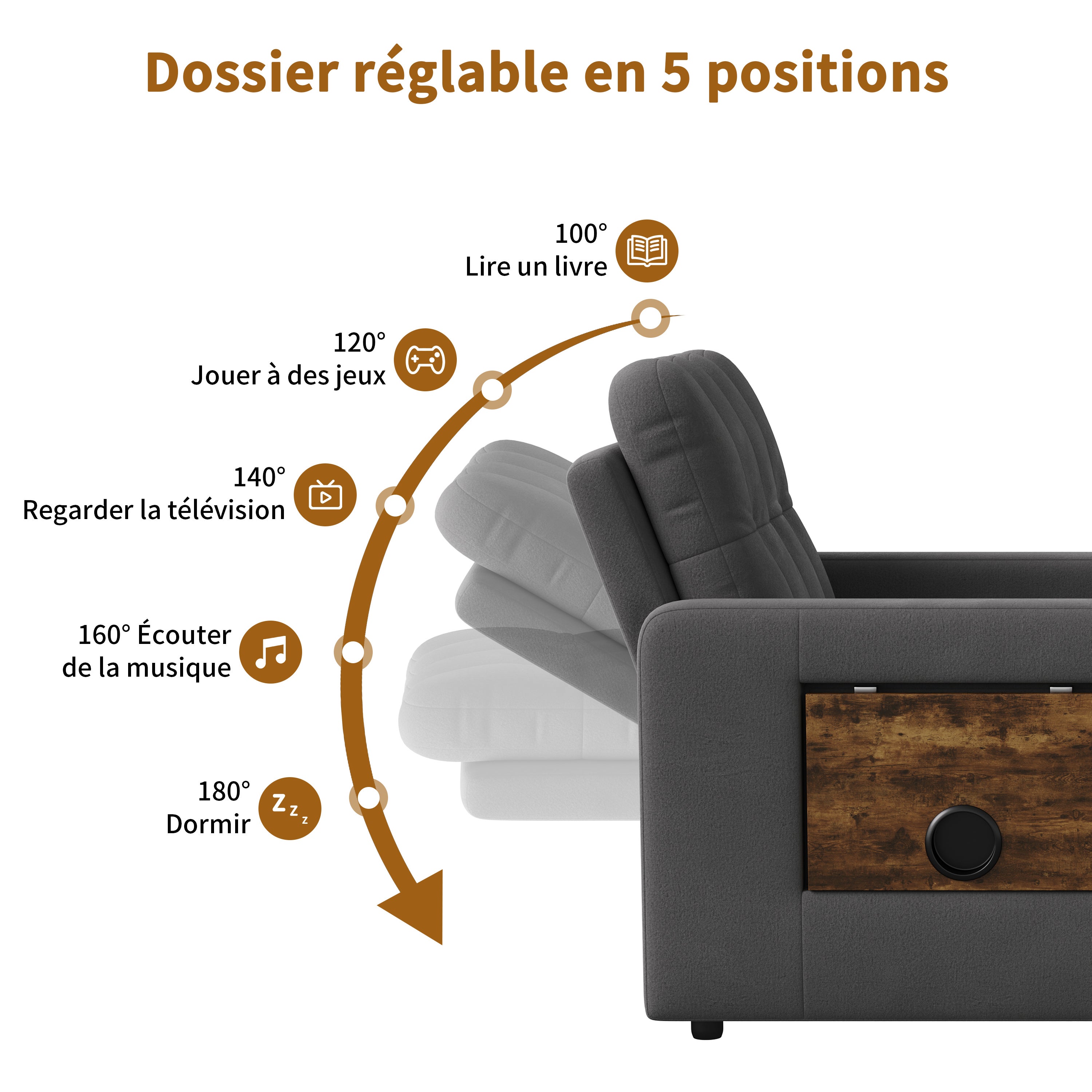 Canapé-lit 1 place pliant - fauteuil - dossier réglable, avec table d'appoint rabattable et poches latérales, tissu chenille - gris - 6