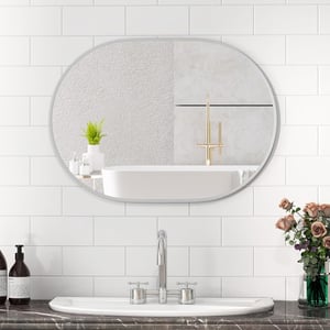 COSTWAY Miroir Salle de Bain 70 x 50 cm, Miroir Mural Ovale, Miroir Maquillage, Supports Muraux, Cadre en Aluminium, Grand Miroir Mural