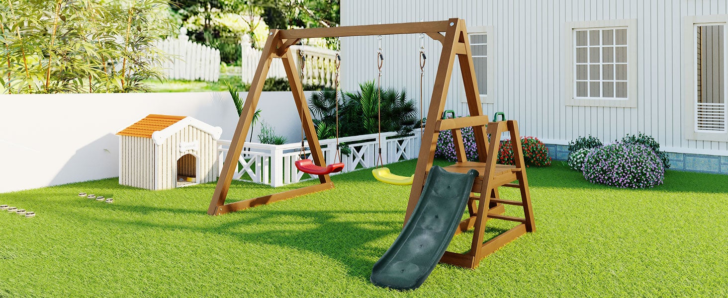 Balançoire double pour enfants avec toboggan + échelle | Structure en bois massif d'extérieur | 238x240x168 cm - 6
