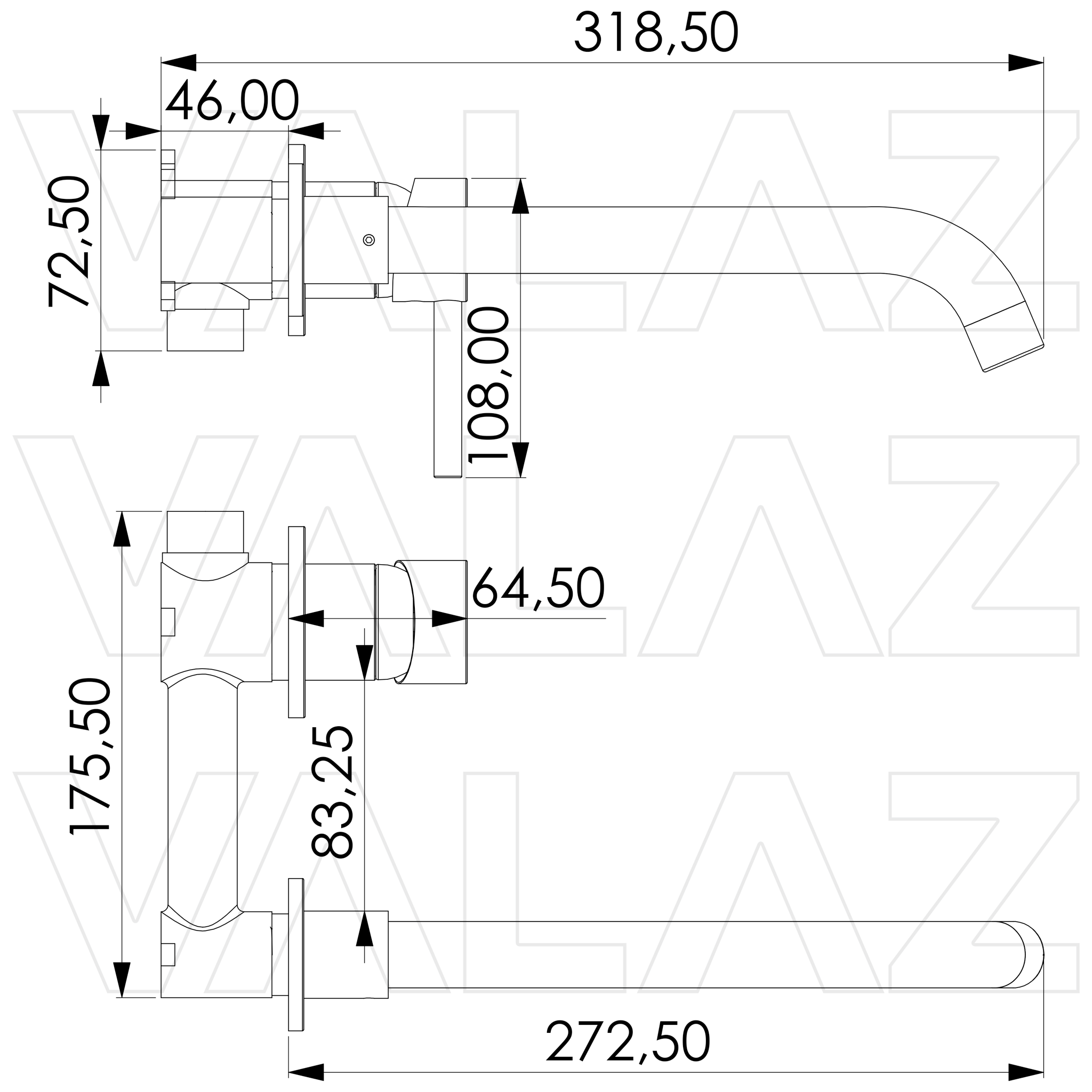 Valaz Robinet de lavabo rond monocommande encastrable en or brossé avec bec de 26 cm - Série Guadiana - 2