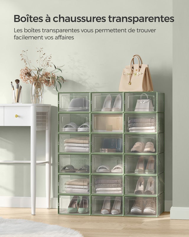 Boîtes à Chaussures, Lot de 18, Rangement Chaussures, Pliable, pour Pointure jusqu’à 44, Transparent et Vert Olive - 3