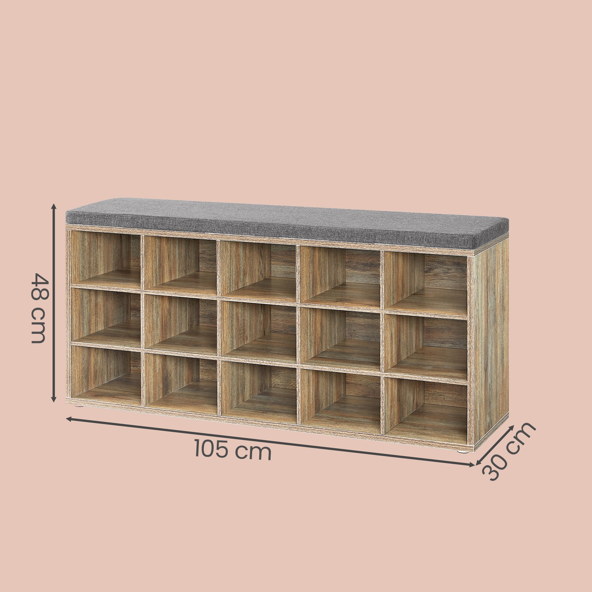 Banc à Chaussures, Banc de Rangement avec Siège Rembourré, 15 Compartiments, Étagères Réglables, pour Salon, Couloir, Couleur Chêne - 5