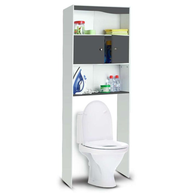 Meuble étagère WC gain de place 2 portes effet bois Blanc/Gris 58 x 178 x 19,5 cm