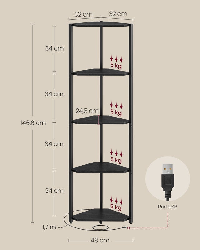 Étagère d'angle à 5 Niveaux, Bibliothèque avec Éclairage LED Réglable, Meuble de Rangement avec Cadre en Acier,pour Salon, Chambre, Noir Boisé - 7