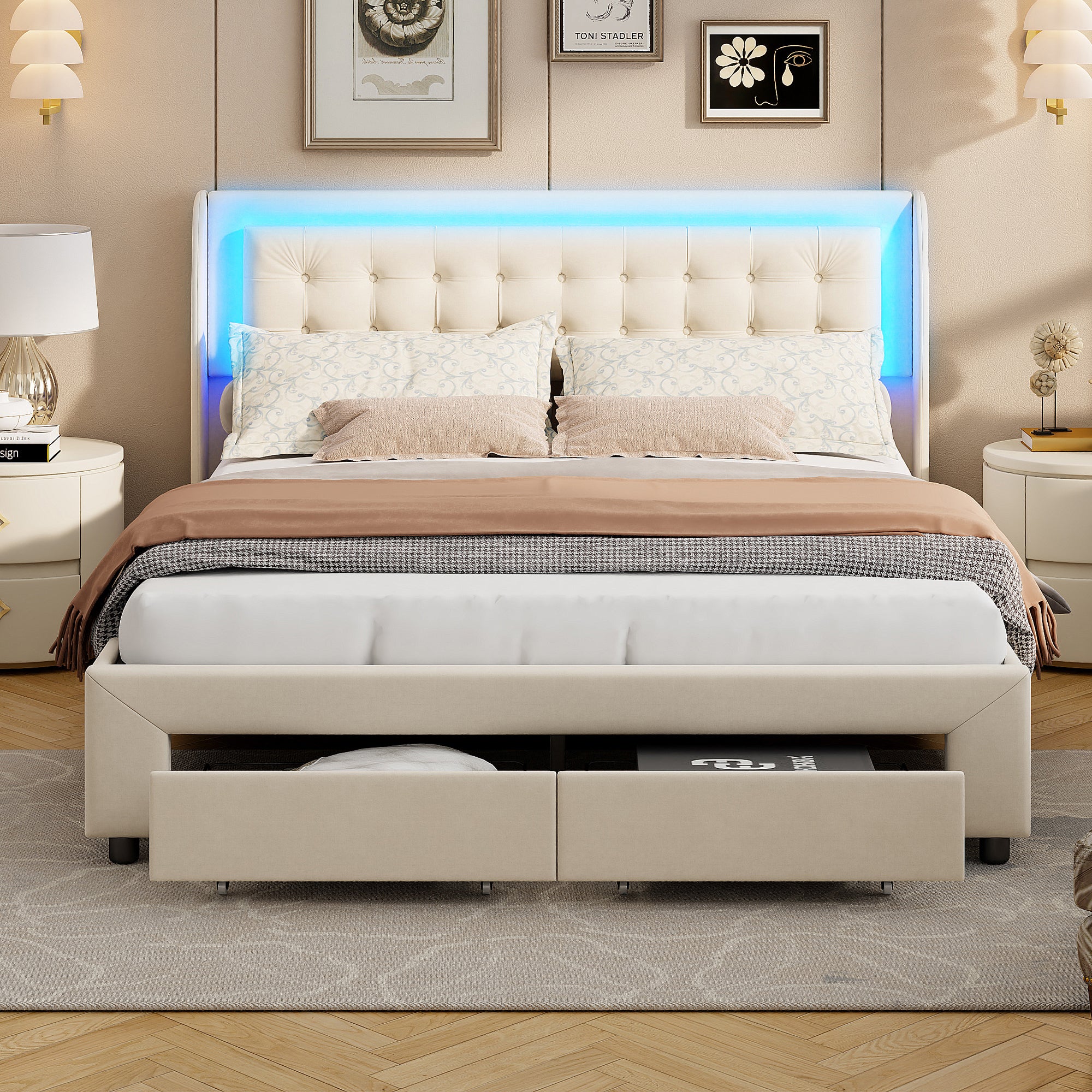 Lit Coffre 140x190 avec Sommier avec 2 Tiroirs, Lit Double avec LED, Tête de Lit Capitonnée, Grand Rangement Hydraulique et 2 Tiroirs, Velours Beige - 6