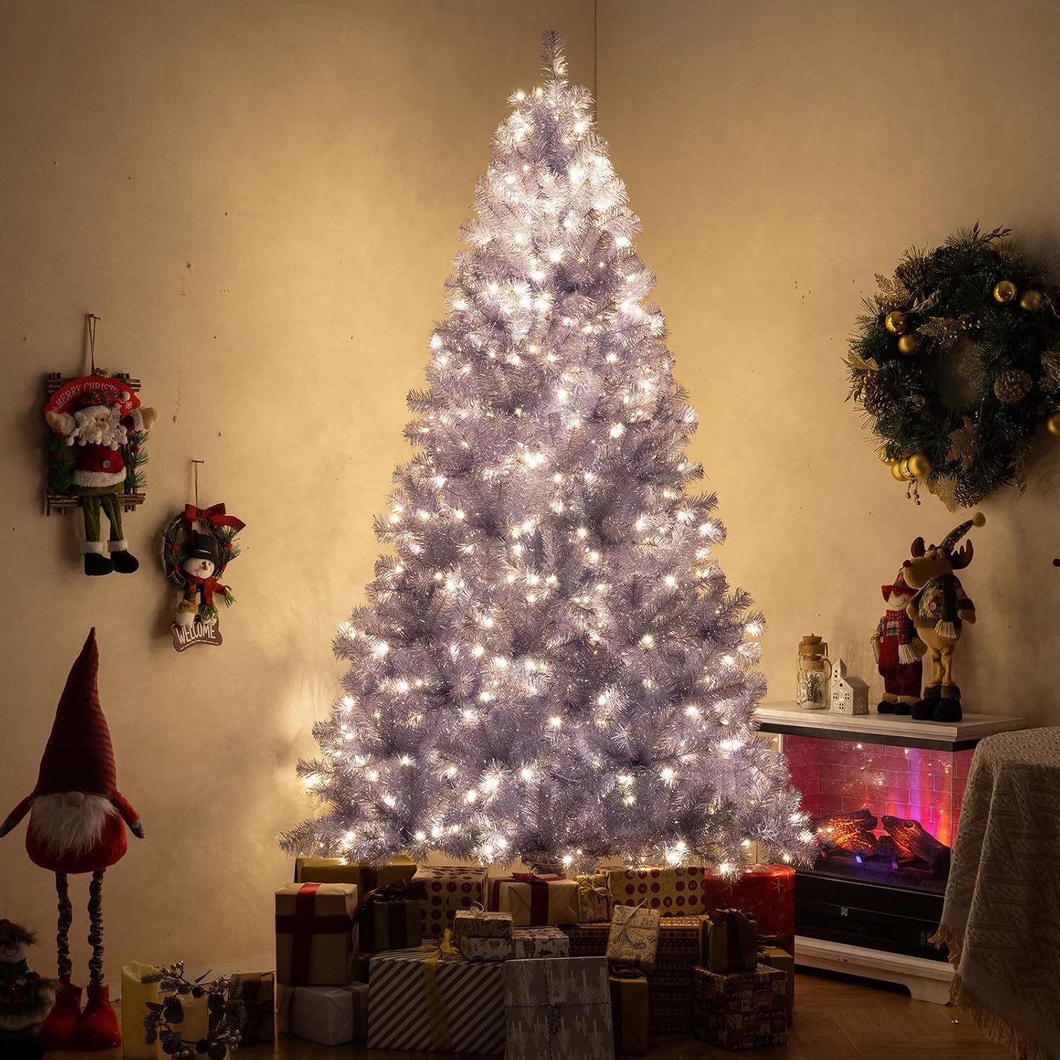 Sztuczna Choinka Bożonarodzeniowa 225 cm z Oświetleniem LED, 550 Lampkami, 8 Trybami Świecenia, 1300 Gałązkami z Cekinami (Fioletowa, 225 cm)