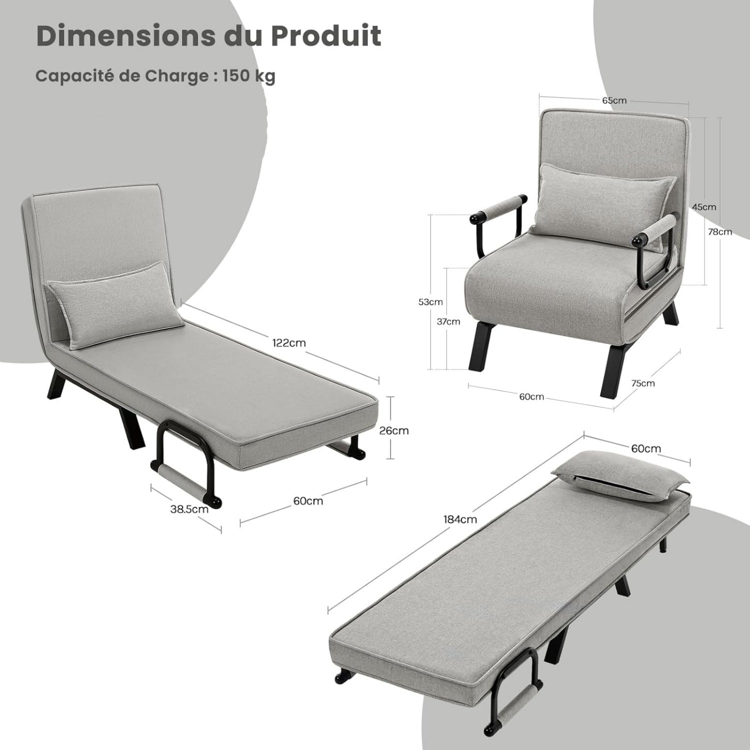 Fauteuil Lit 1 Place Convertible WOLTU, Canapé Lit Convertible 3 en 1, avec Dossier Réglable en 5 Positions, Gris Clair - 4