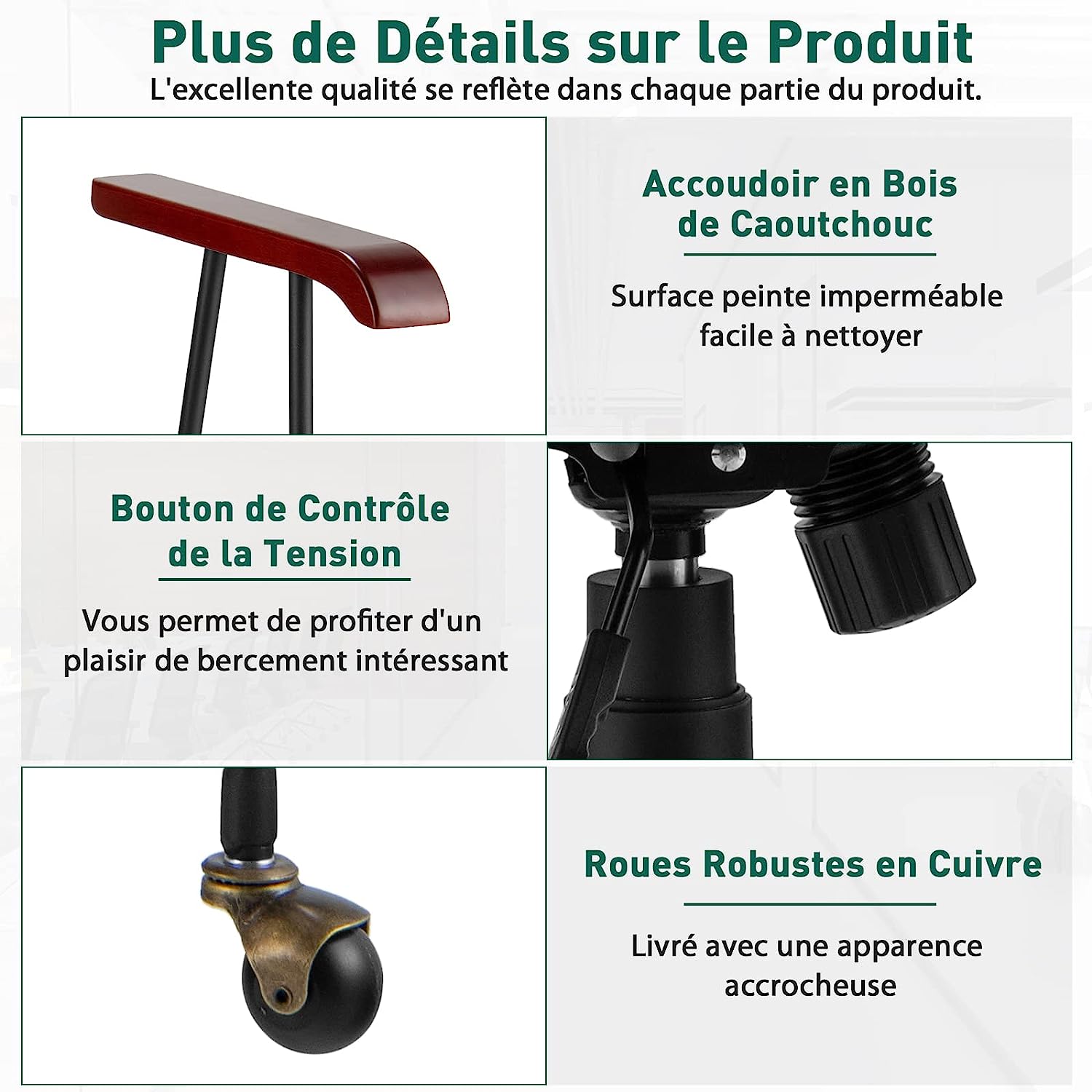 Sedia Girevole in Velluto, Sedia da Ufficio con Altezza Regolabile e Schienale, con Braccioli in Gomma e Ruote in Rame, Carico Massimo 150 kg - 4
