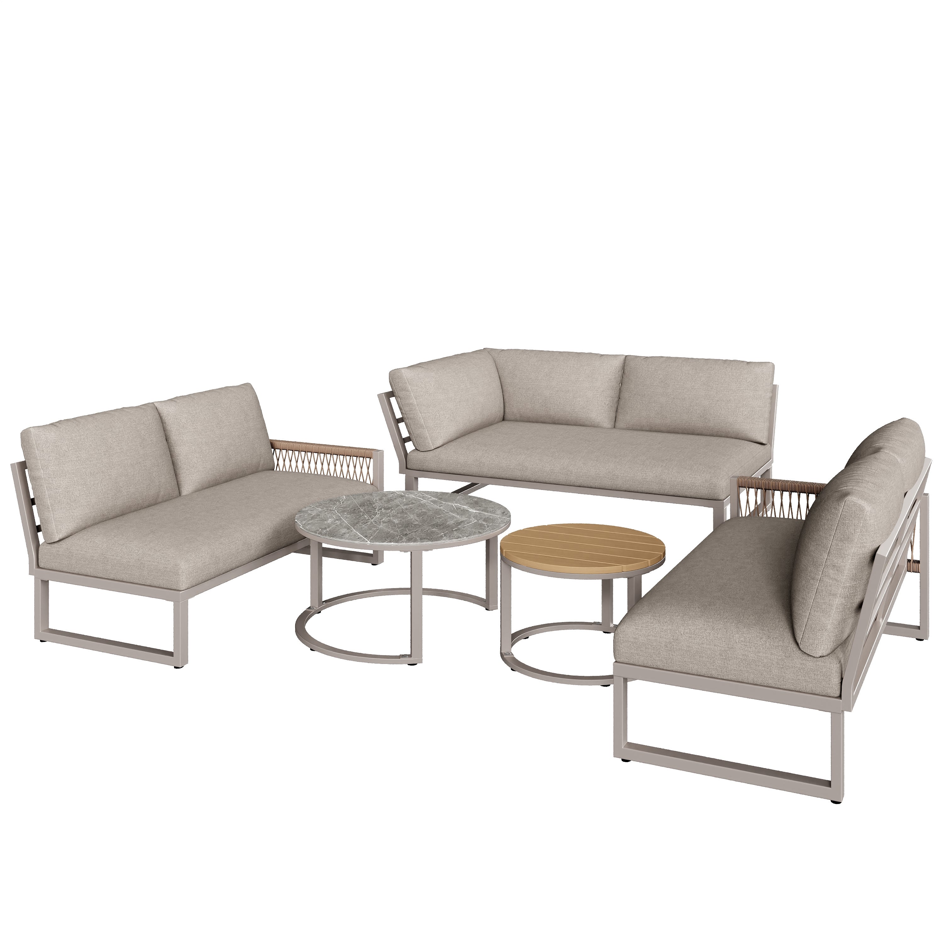 Salón de jardín, conjunto de muebles para 6-7 personas, sofá de esquina - en hierro galvanizado, patas ajustables, 2 mesas nido, beige - 4