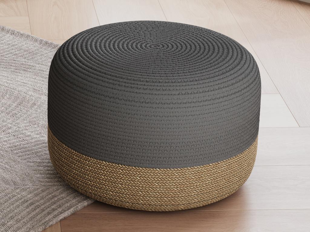 Pouf Rotondo In Cotone Maglia – Poggiapiedi Ottomano Con Gambe In Legno, Sgabello Imbottito Per Soggiorno, Grigio