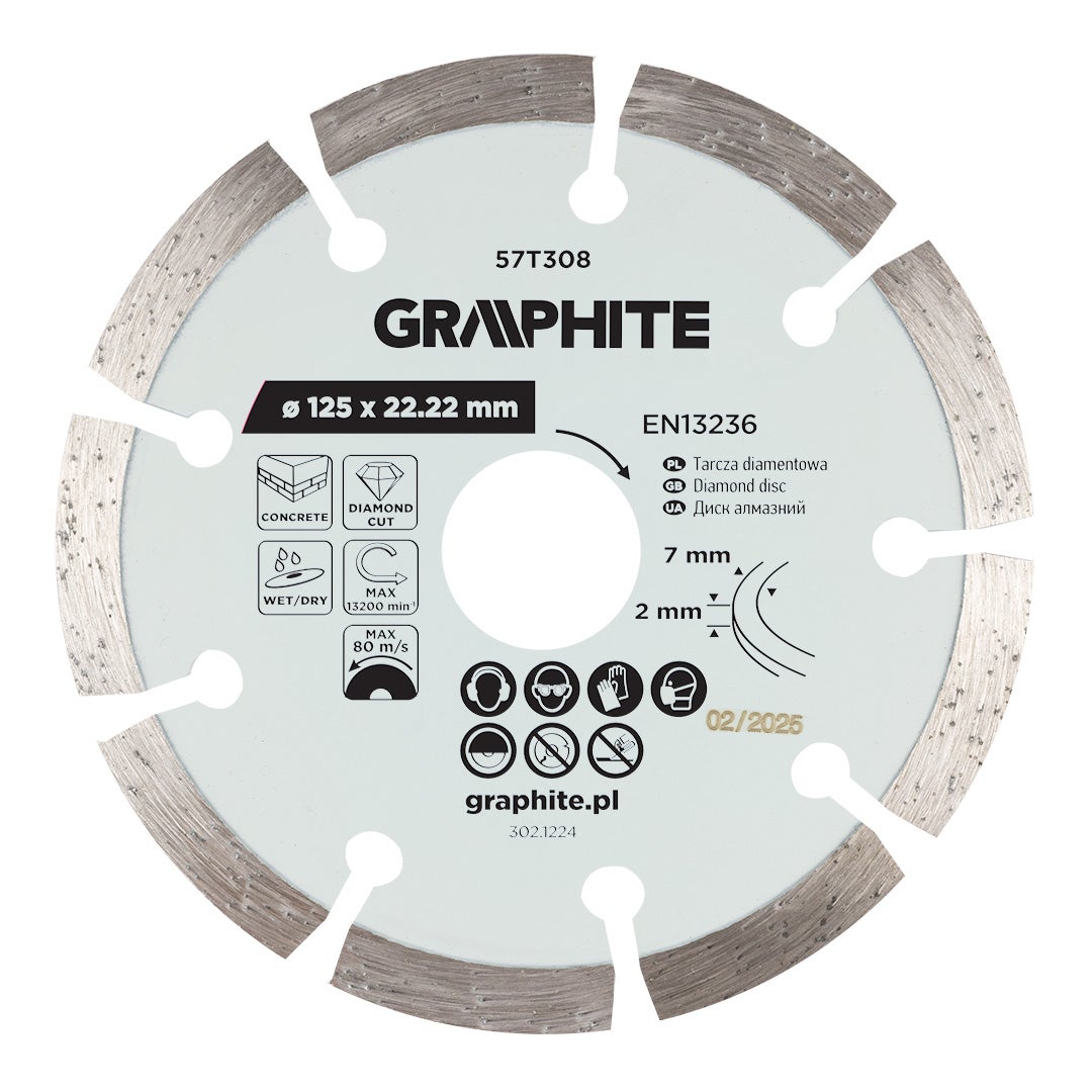 Disc de taiere diamantat, segmentat, 125 x 22,2 mm, taiere uscata si umeda 57T308