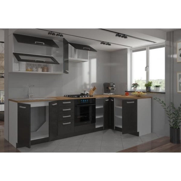 LASSEN Cuisine complete d'angle 240x165 cm avec plan de travail - Angles réversible - 8 éléments - Gris Matera - 3
