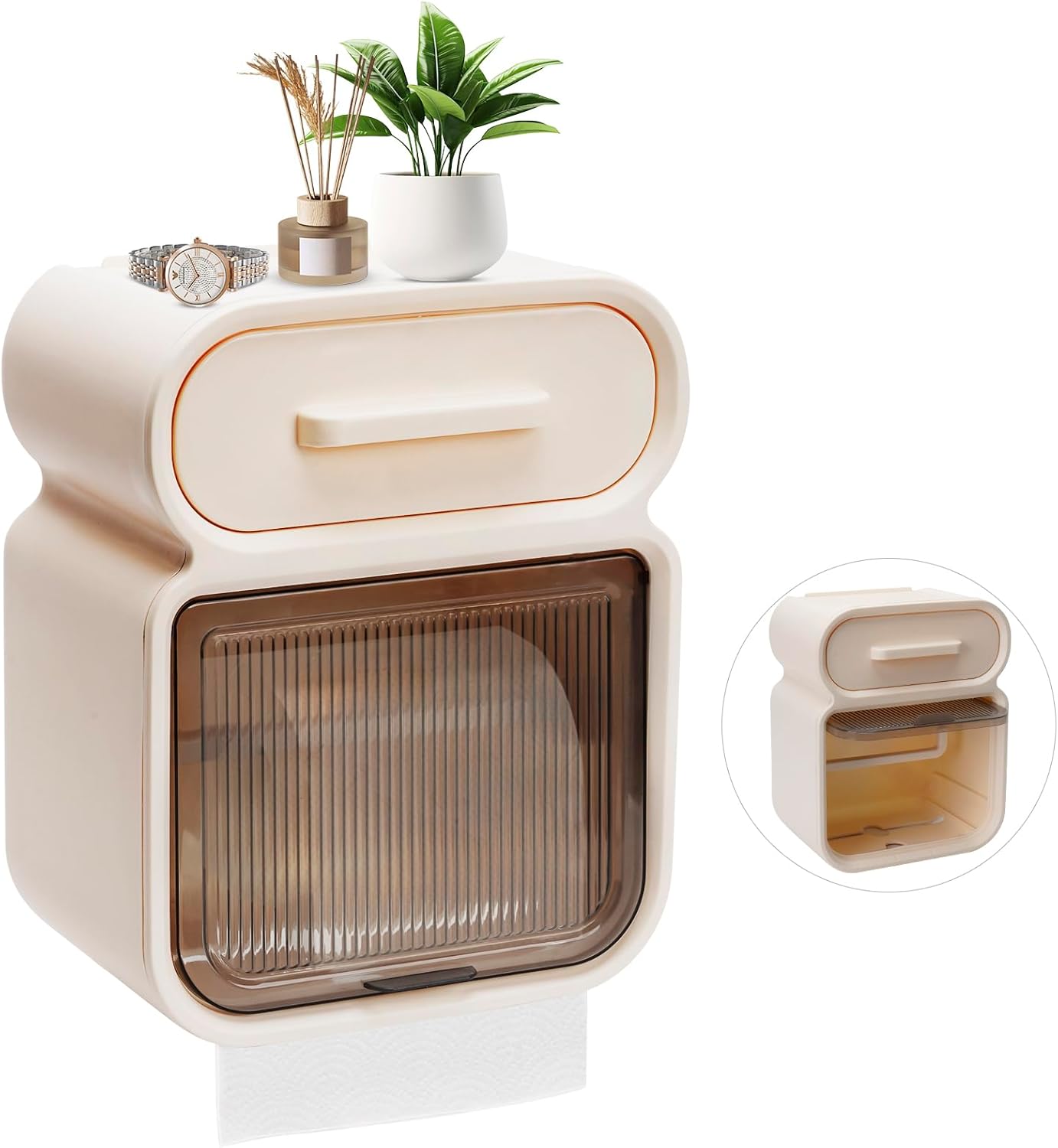 Uchwyt ścienny na papier toaletowy z półką i szufladą - Praktyczny, pyłoszczelny i wodoodporny uchwyt na papier toaletowy