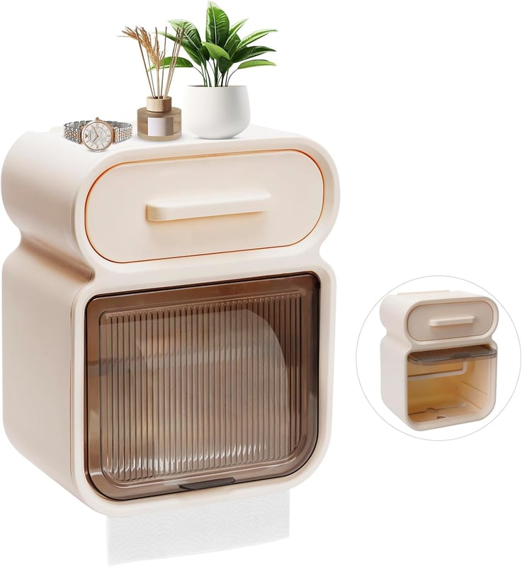 Uchwyt ścienny na papier toaletowy z półką i szufladą - Praktyczny, pyłoszczelny i wodoodporny uchwyt na papier toaletowy