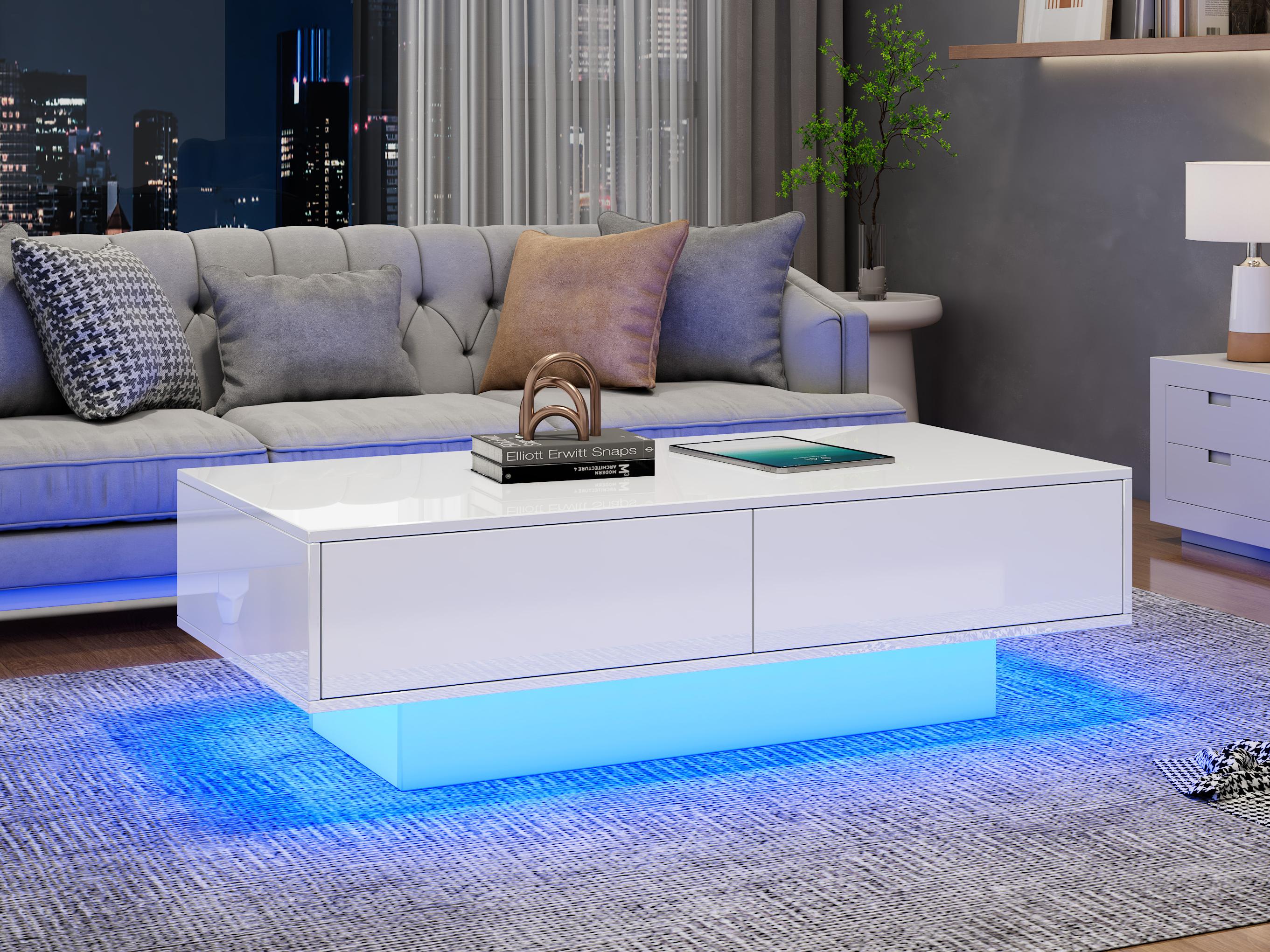 Nowoczesny stolik kawowy z LED - 2 szuflady - Biały