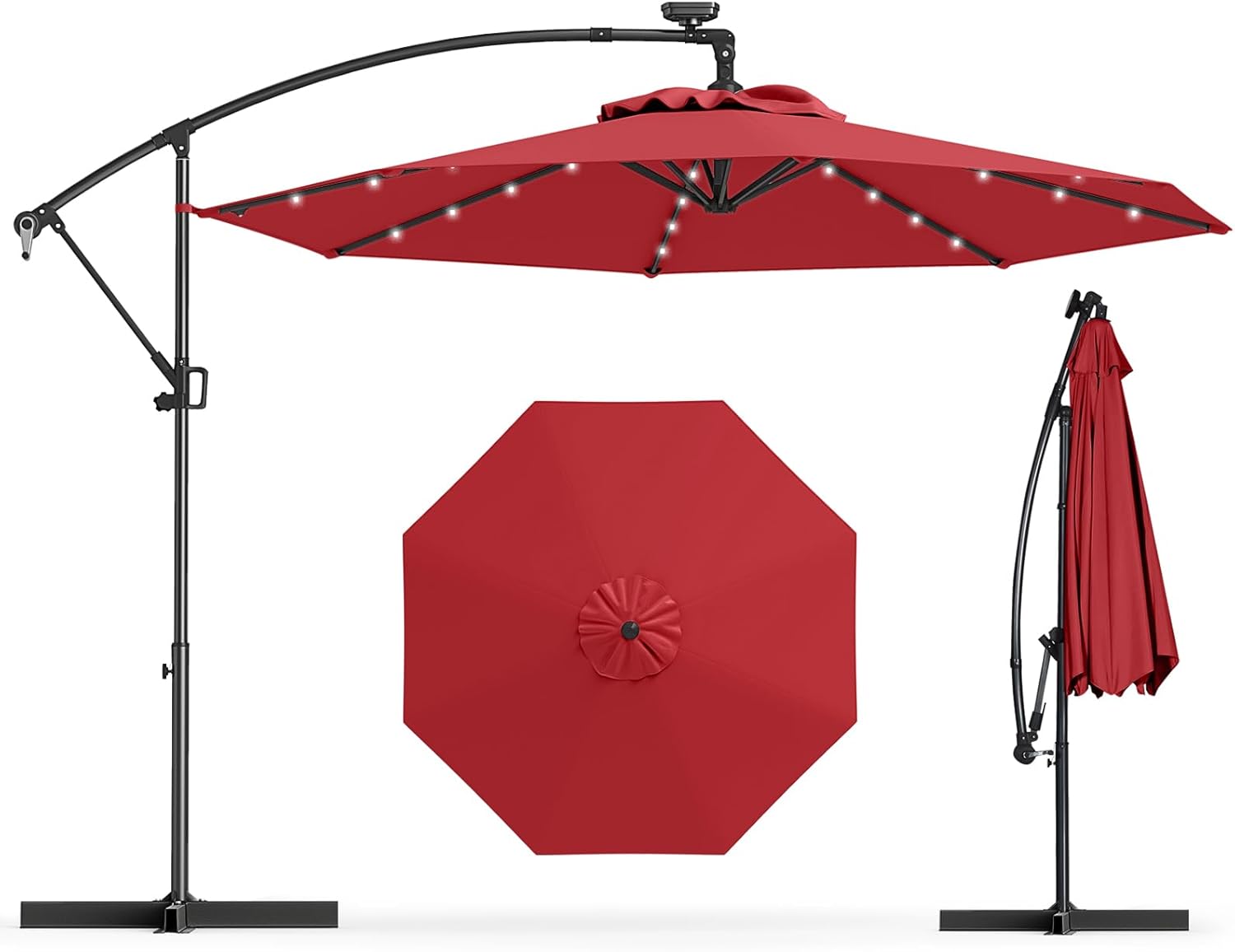 Parasol z Wysięgnikiem 3 m z 32 Diodami LED Zasilanymi Energią Słoneczną, 8 Żebrami, Parasol z Regulacją Nachylenia i Obrotem o 360° (Czerwony)