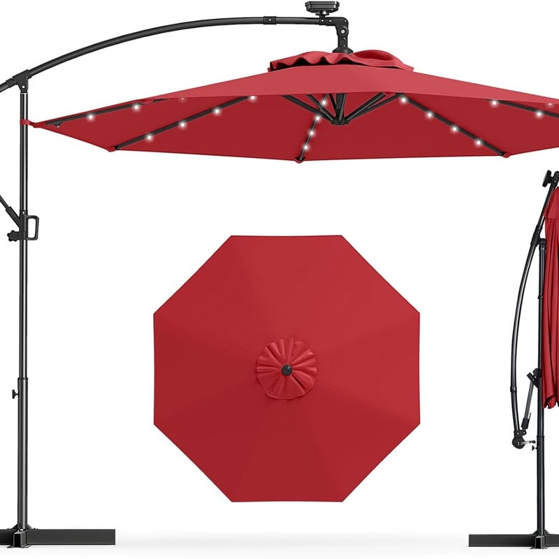 Parasol z Wysięgnikiem 3 m z 32 Diodami LED Zasilanymi Energią Słoneczną, 8 Żebrami, Parasol z Regulacją Nachylenia i Obrotem o 360° (Czerwony)