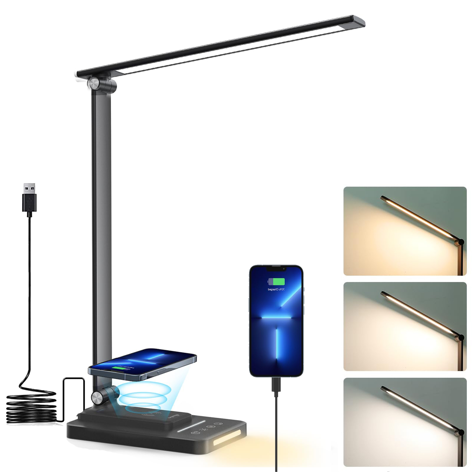 Lampe Bureau LED Avec Chargeur Sans Fil 10W - Ecran LCD, Réveil Et Support Téléphone Intégré