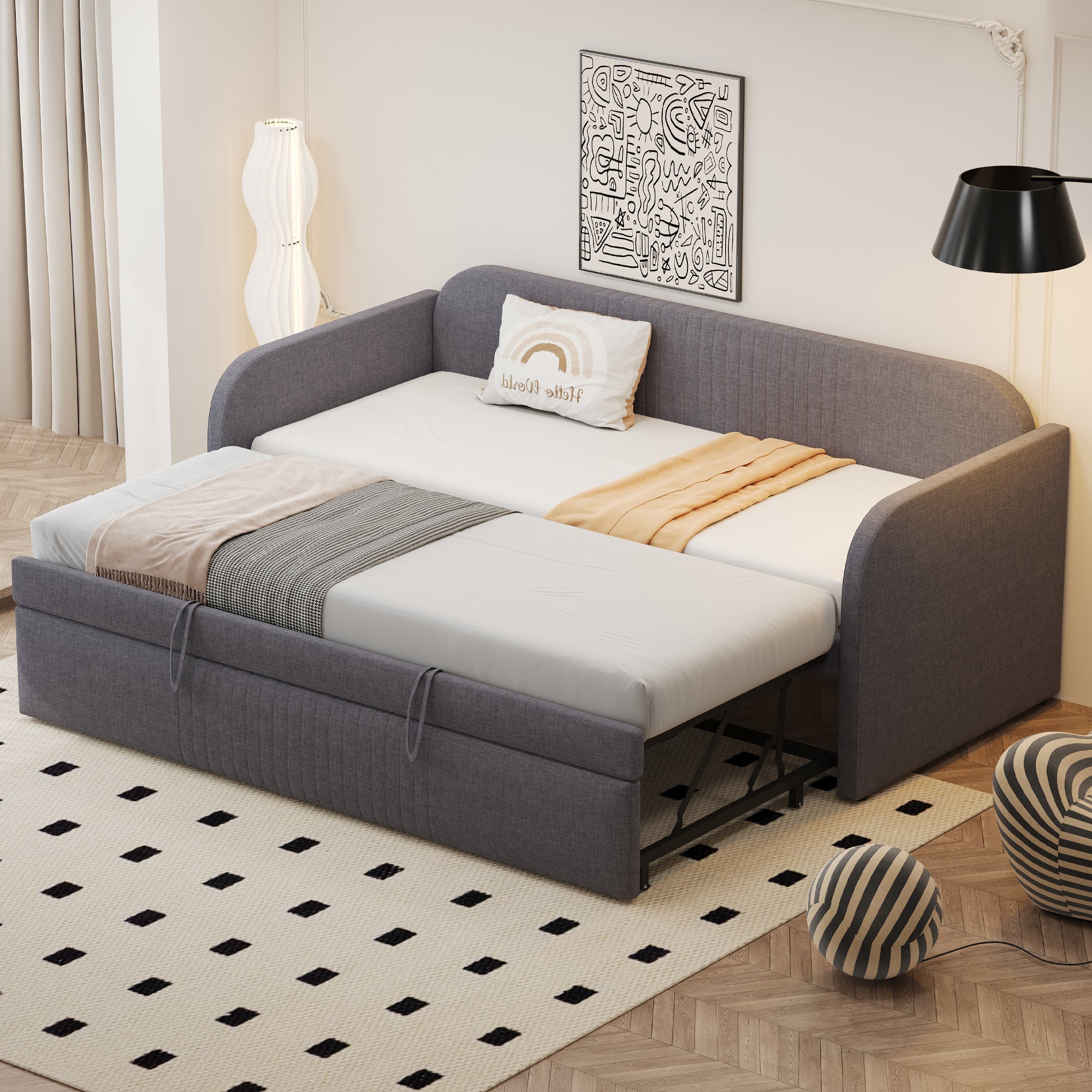 Łóżko wysuwane 90/180 x 190 cm z zagłówkiem, sofa rozkładana - Tkanina lniana - Szary (materac nie jest wliczony w cenę)
