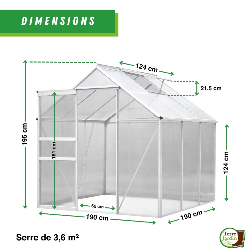 Serre fixe en Aluminium - Parois polycarbonate - 3,6 M² - 3