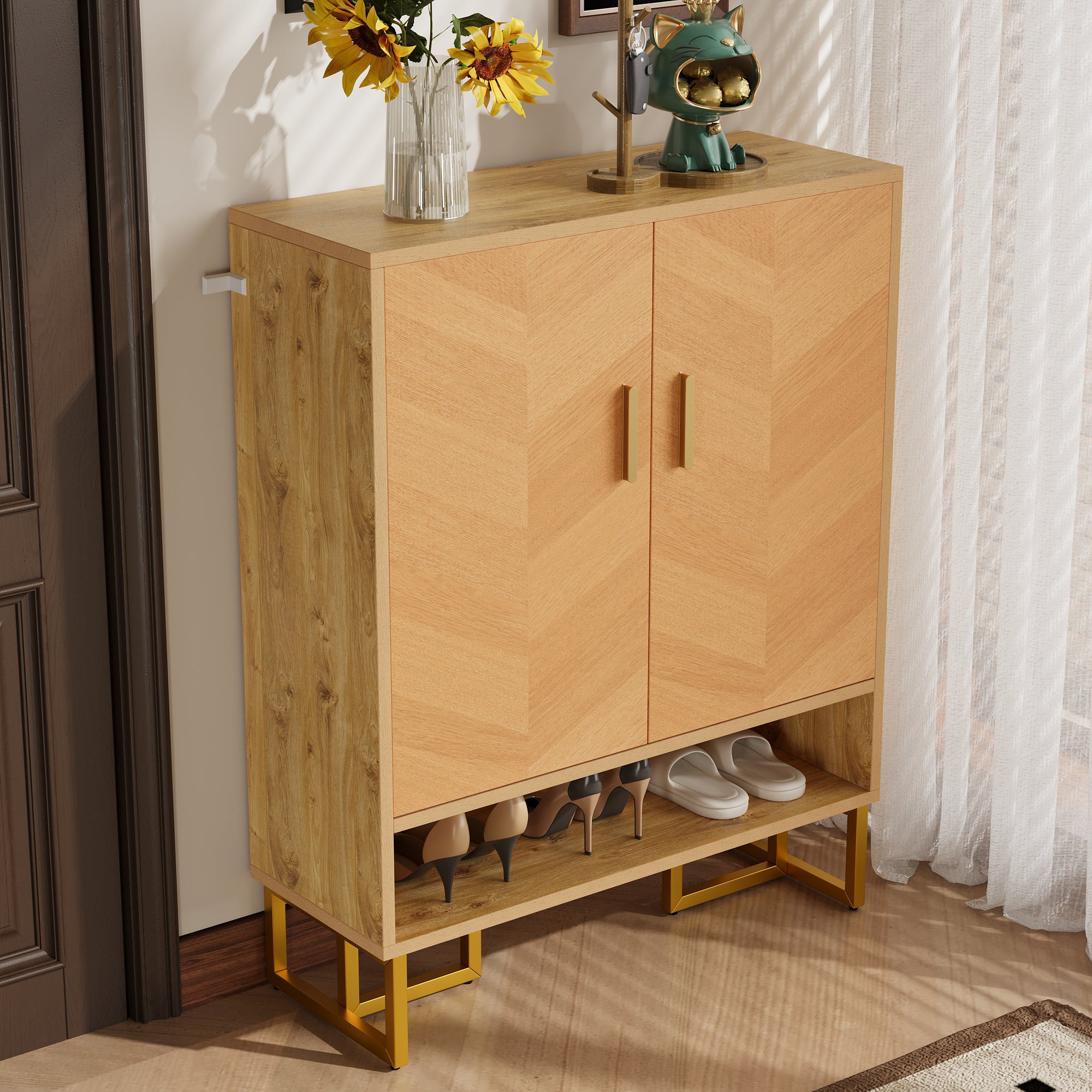 Nowoczesna szafa na buty 80x38x100 cm - z 2 drzwiami - Wykończenie drewnopodobne - Konstrukcja z pozłacanego żelaza - MDF - Naturalny