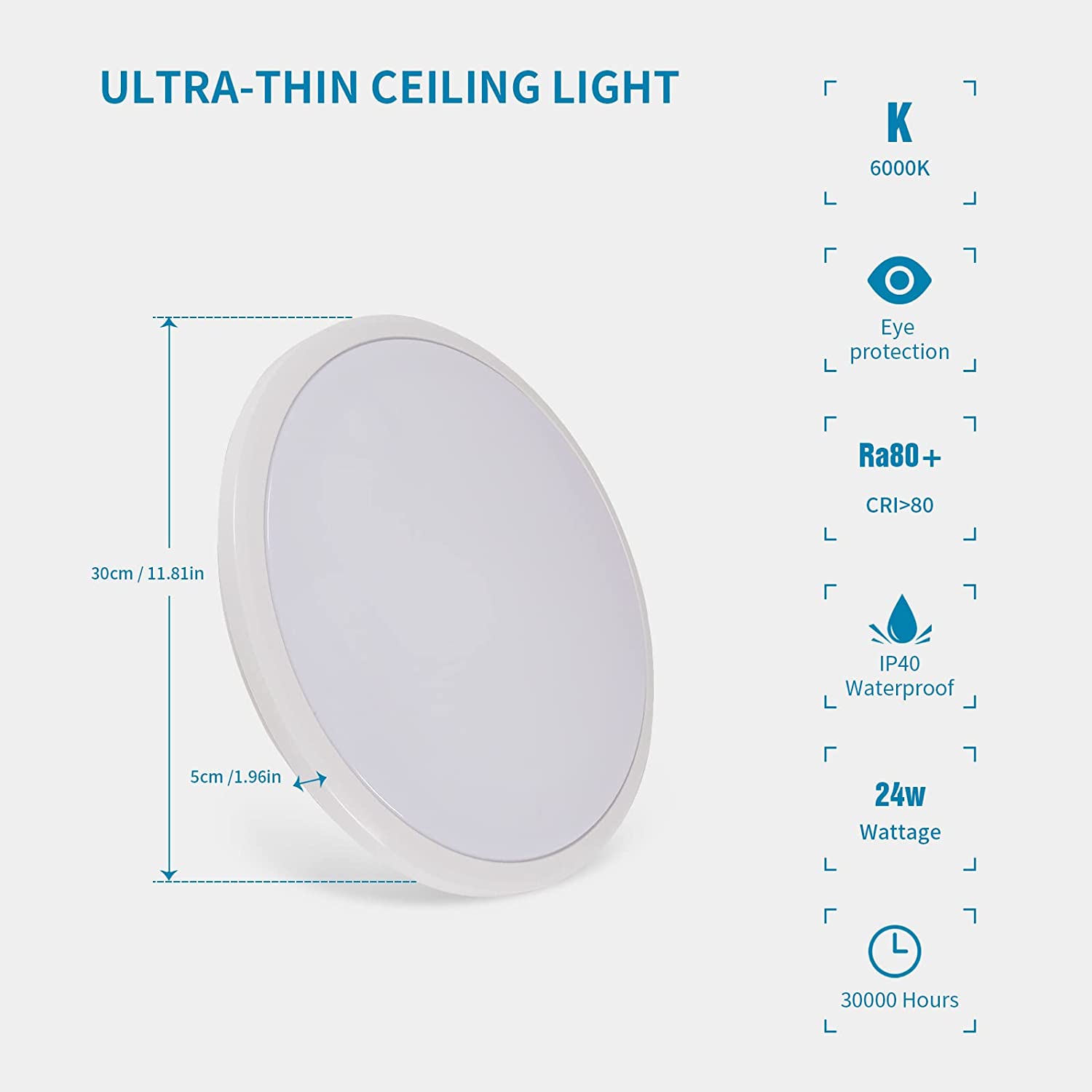 GOECO Lámpara de Techo LED Redonda Moderna, Blanca, 24W, Ø 30cm, 2400LM, Lámpara de Techo Impermeable IP54, 6000K - 2