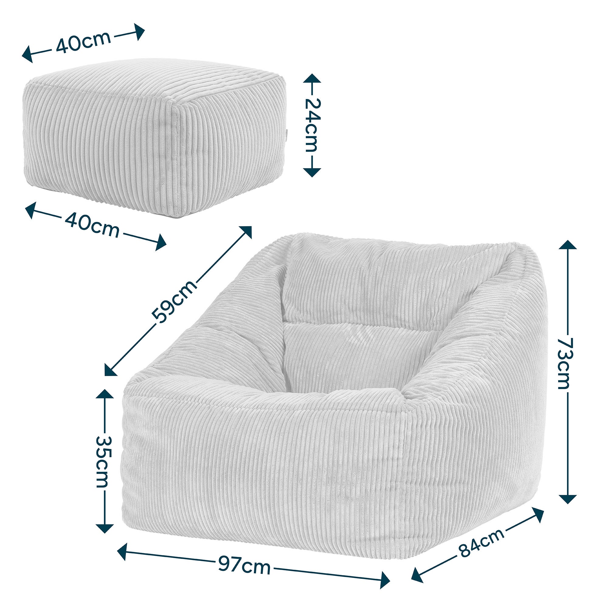 Pouf fauteuil avec repose-pied carré Icon velours côtelé beige galet 97x84cm Oeko-Tex® - 7