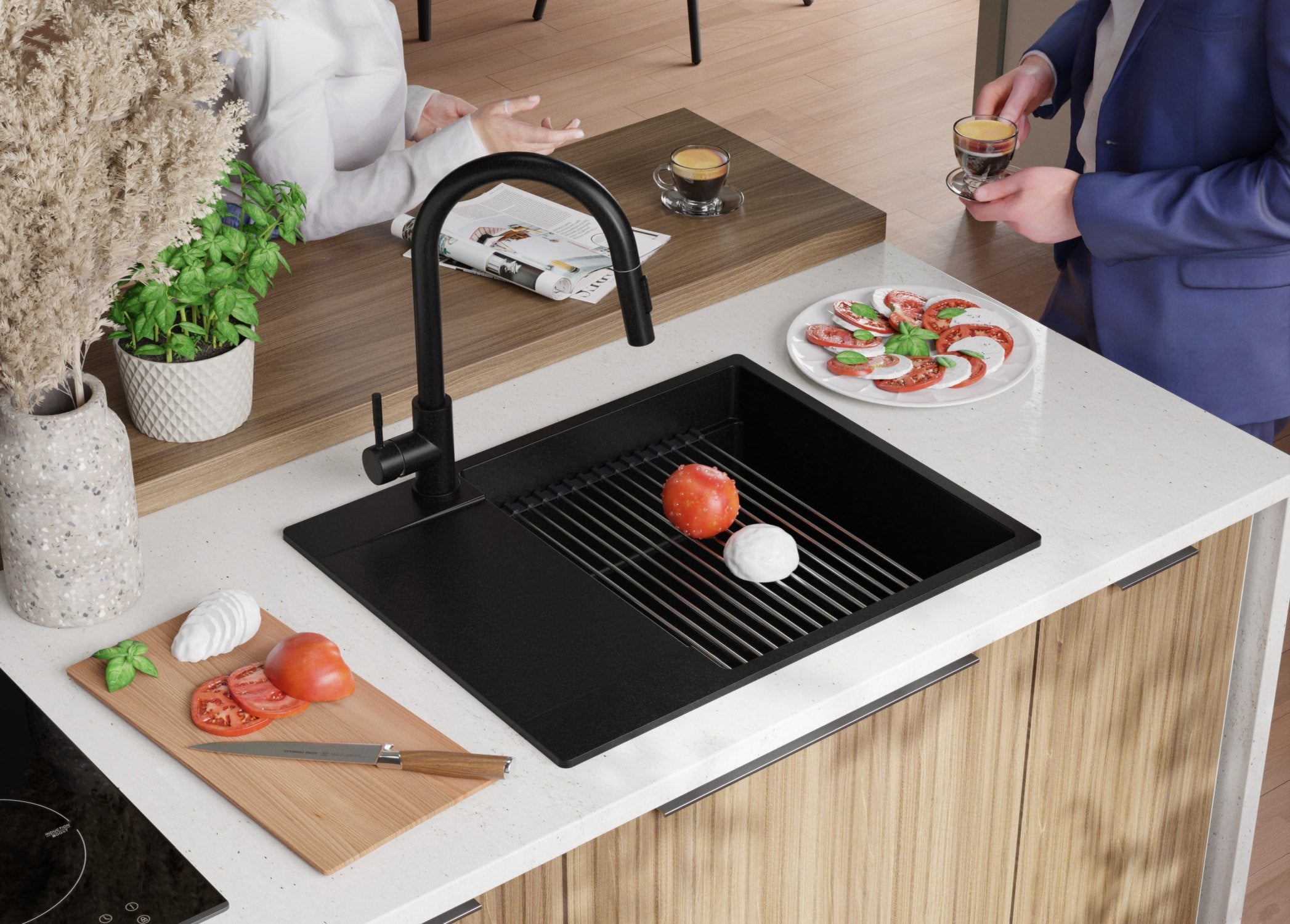 Lavello Da Cucina In Granito 78x50cm - 1 Vasca, Colore Bianco, Include Sifone E Tagliere - Foto 12