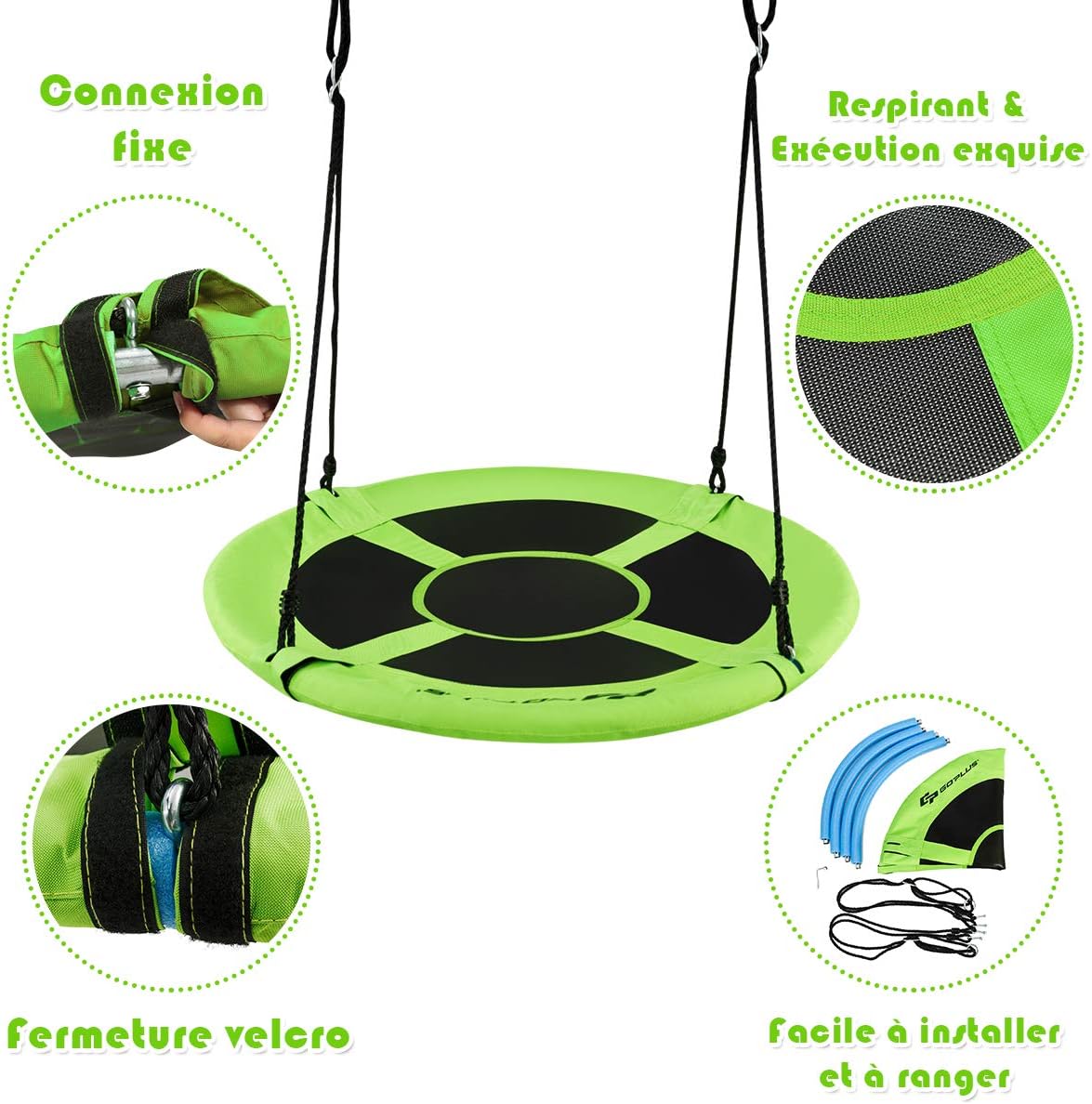 Balancoire Nid d’Oiseau Rond, Balancoire de Jardin en Tissu Oxford et PP, Ø100CM, Hauteur Reglable 100-160CM, Charge Maximale 150KG - 4