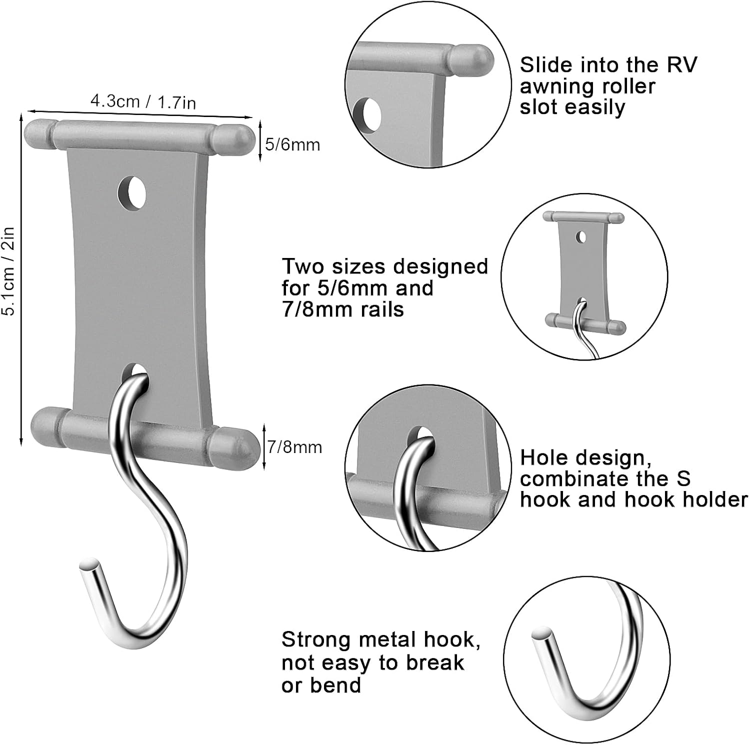 Ganchos Para Riel De Ribete - Pack De 6, Compatible Con Ø5-6mm Y Ø7-8mm, Plástico Y Metal - Para Toldos, Caravanas, Tiendas De Camping