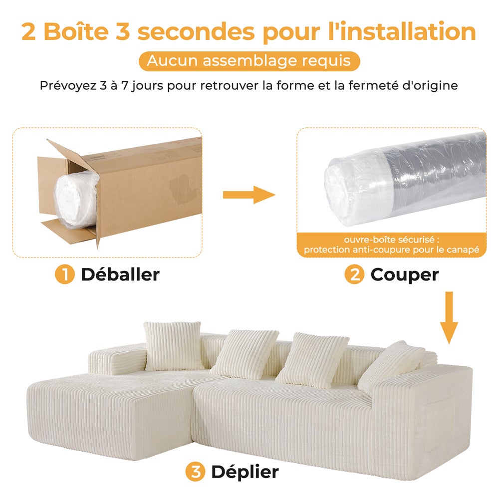 DRIPEX Canapé d'angle gauche en velours côtelé avec 4 coussins,Canapé sans assemblage avec méridienne en L,261×156×80cm,Beige - 4