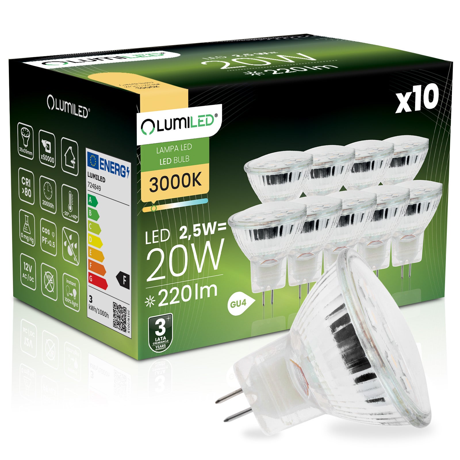 10x Żarówka Lumiled LED GU4 Reflektor MR11 2,5W = 20W 220lm 3000K Ciepła 120st 12V
