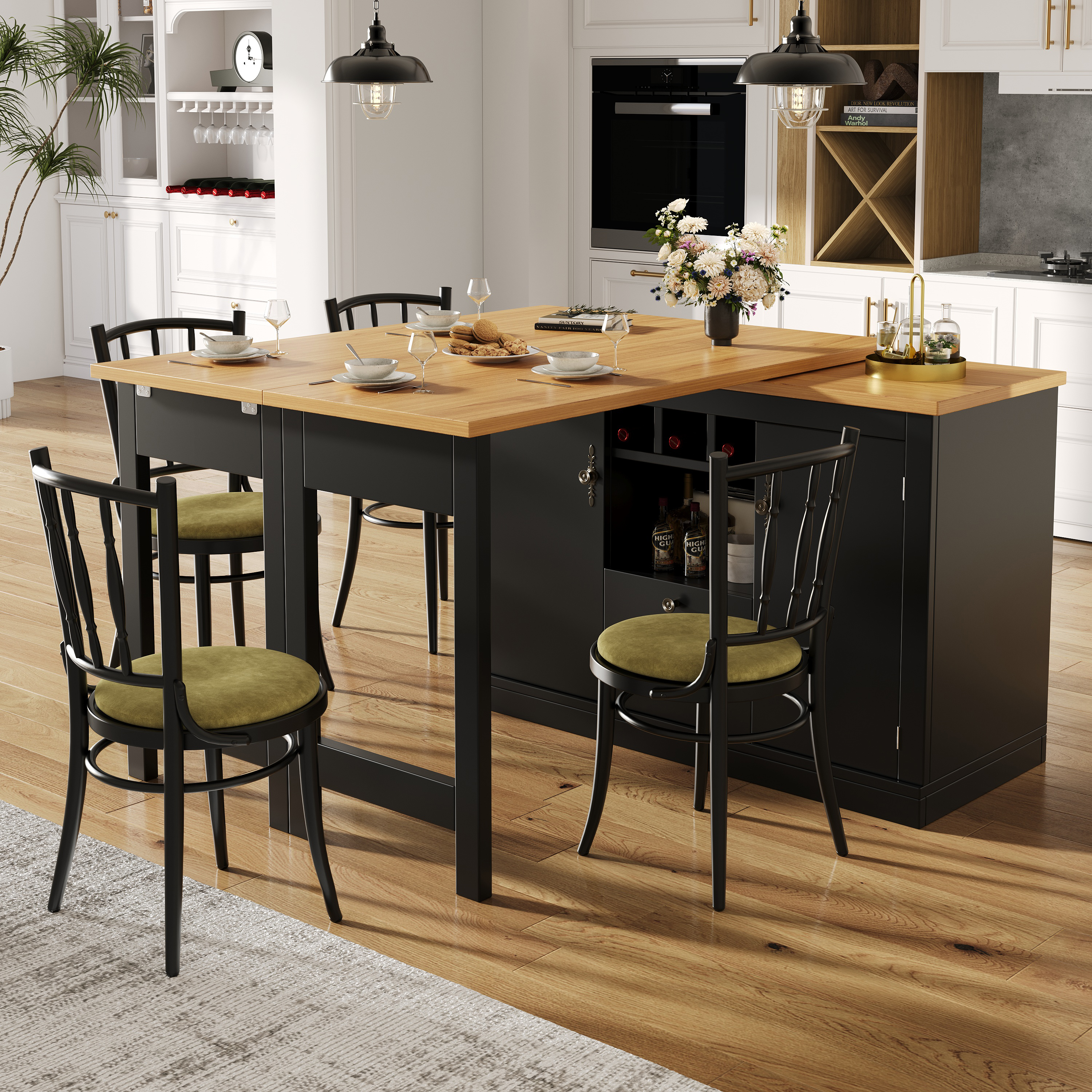 Rozkładany obrotowy stół jadalny z 2 drzwiami i 2 szufladami, wyspa kuchenna - 120-180 x 40 x 71,5 cm - MDF - Czarny + naturalny - 5