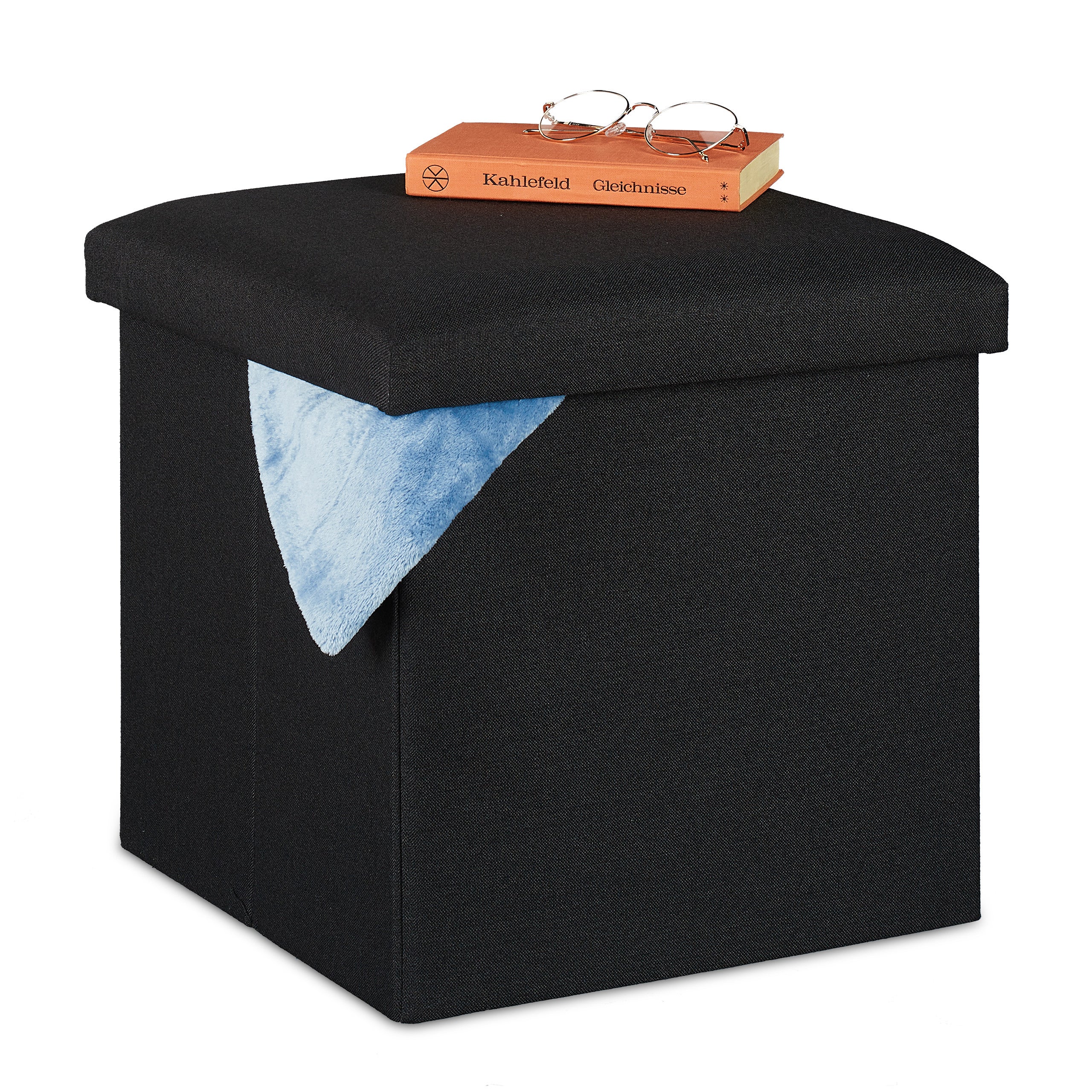 Relaxdays taburete almacenaje plegable, acolchado, tela, otomana de almacenamiento, 37 x 37,5 x 37,5 cm, negro