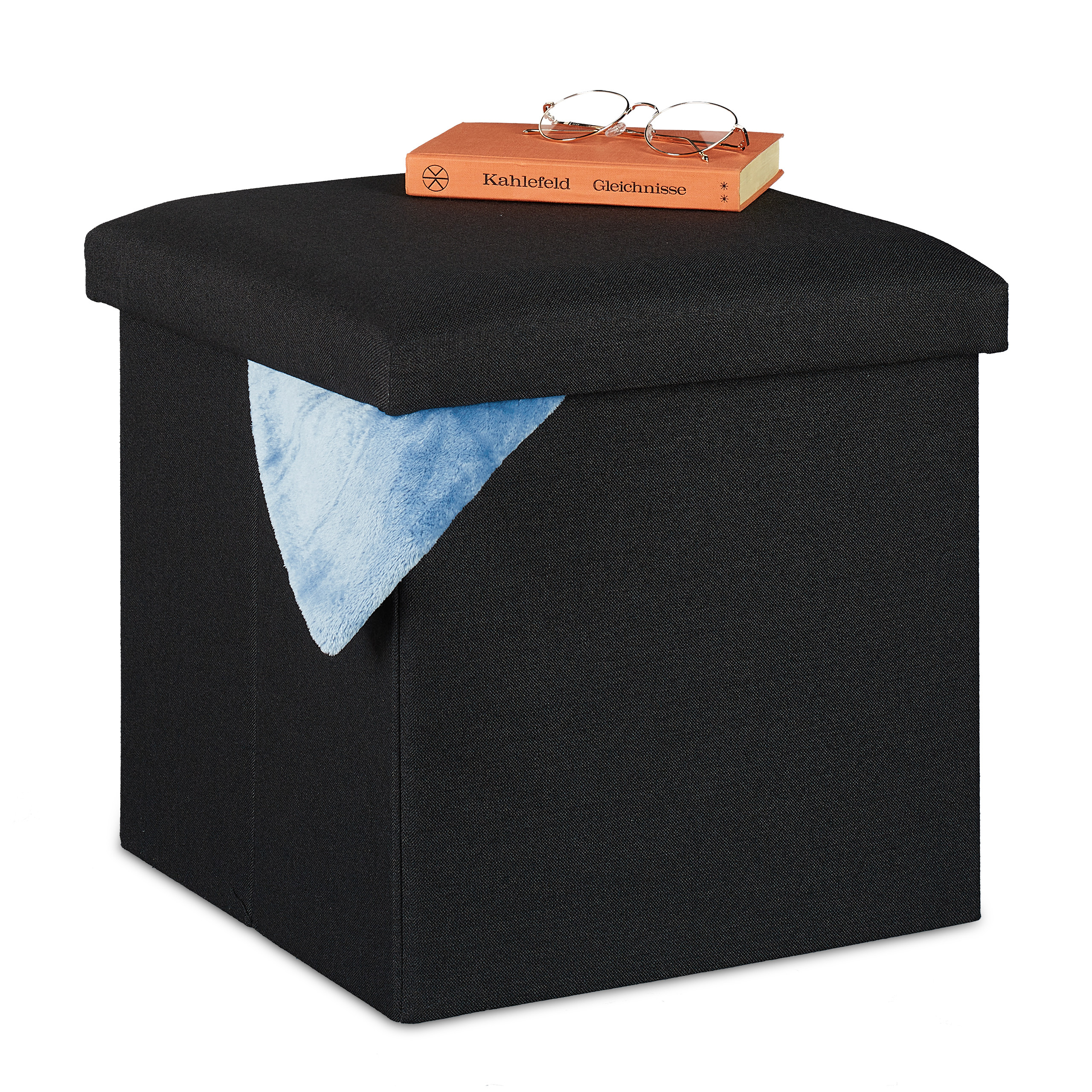 Relaxdays taburete almacenaje plegable, acolchado, tela, otomana de almacenamiento, 37 x 37,5 x 37,5 cm, negro