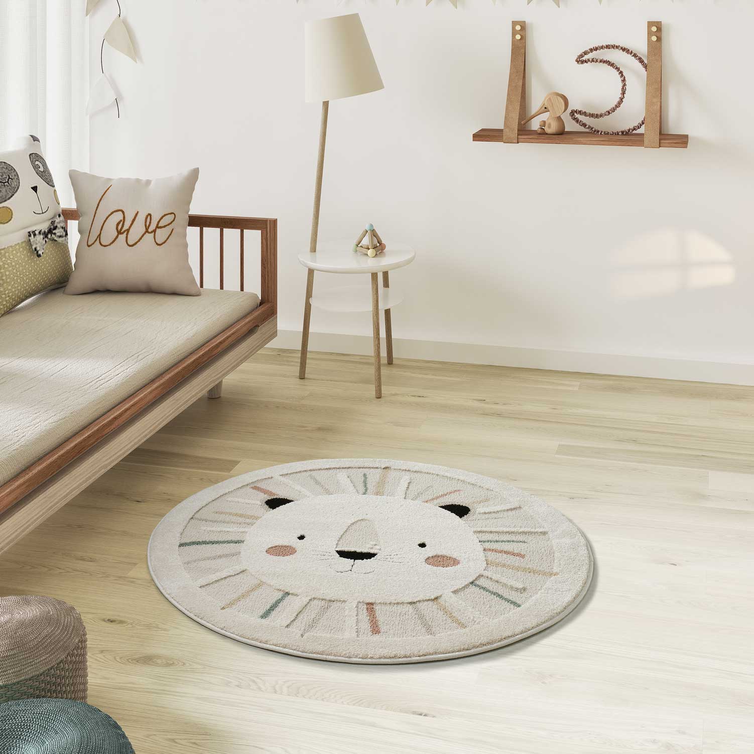 Tapis Rond,Alphabet Noir, Lion Beige Rose Orange, Chambre Enfant