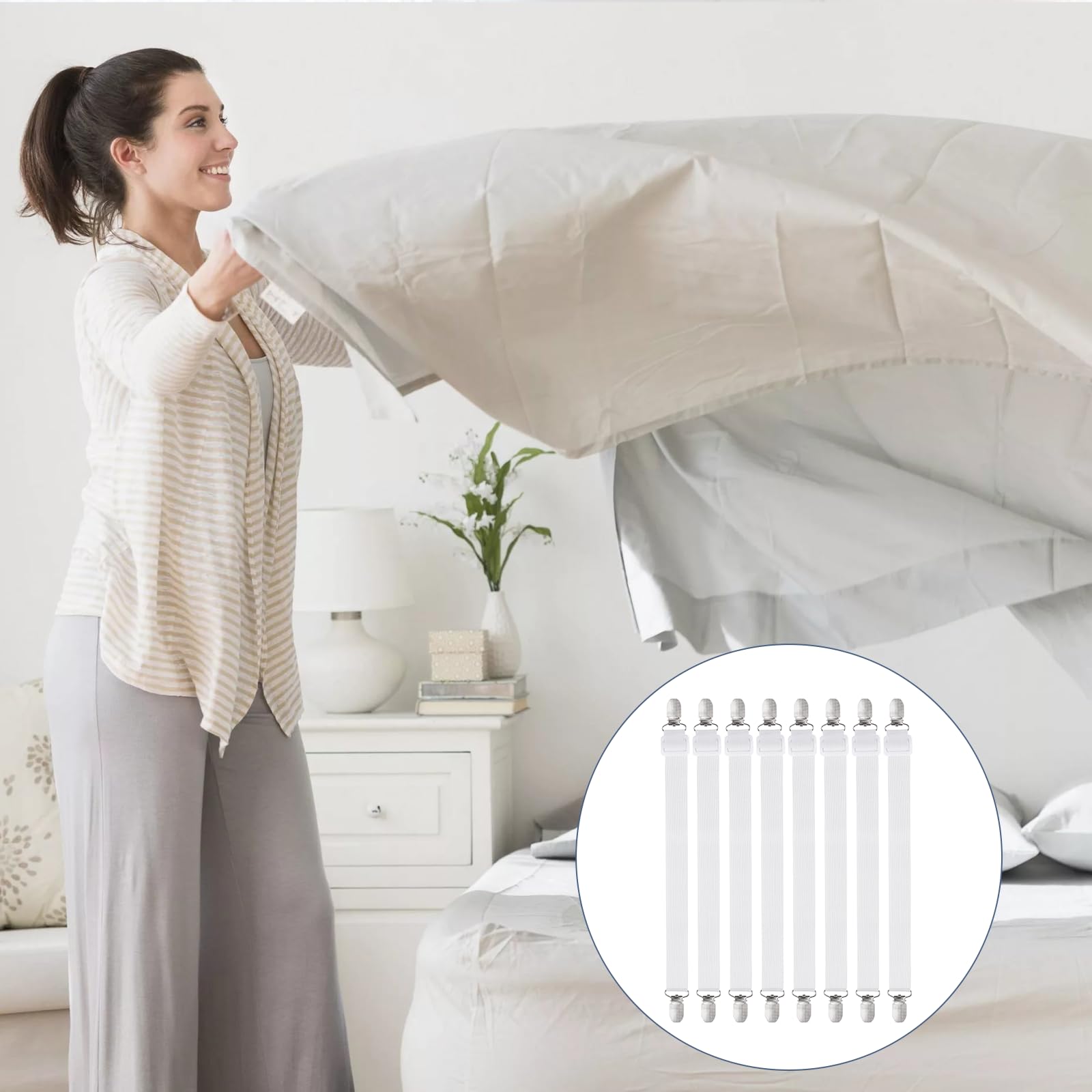 6 Pièces Tendeur Drap Housse,60-220CM Tendeurs De Drap RéGlables pour Drap De Lit,Attache pour draps, Matelas, Blanc - 6