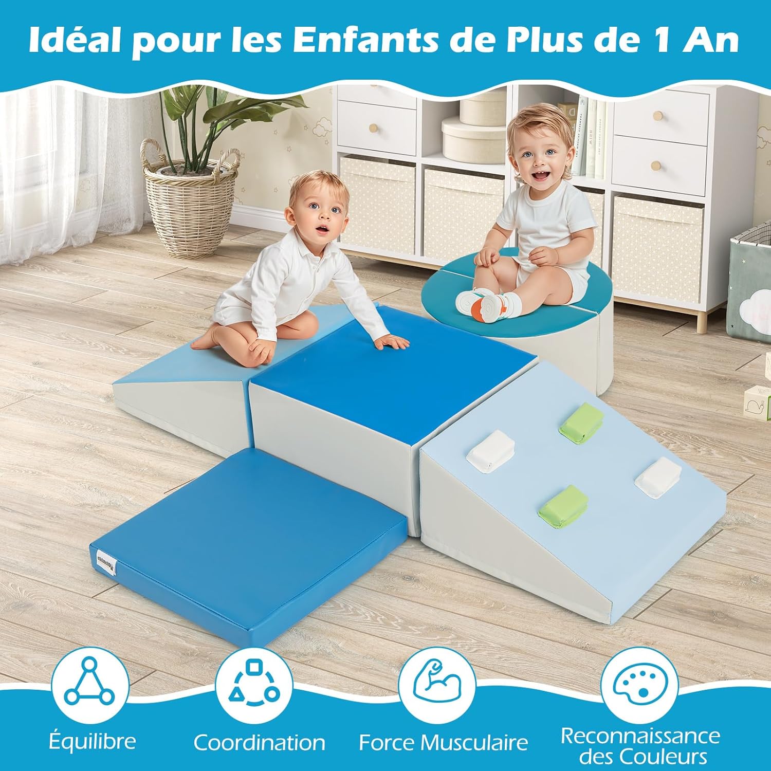 6 PCS Parcours Motricité Bébé en Mousse EPE, Module Motricité Bébé Différentes Formes & Couleurs, Jouet Montessorri d'apprentissage pour 1 Ans+, Bleu - 3
