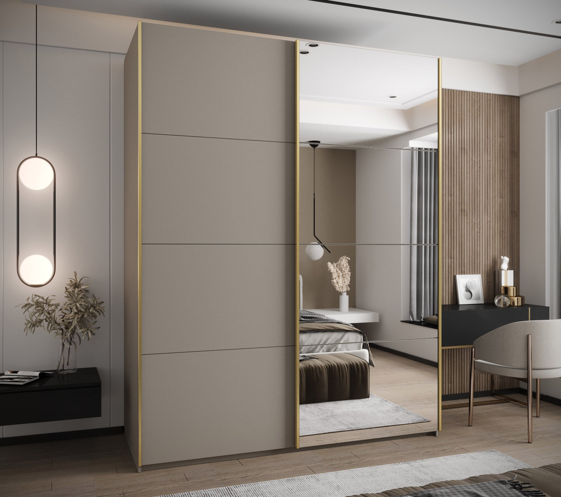 Szafa przesuwna wysoka Lux 3 200 x 64 x 245,5 cm kaszmir + kaszmir + u. złoty - Abiks Meble - 2
