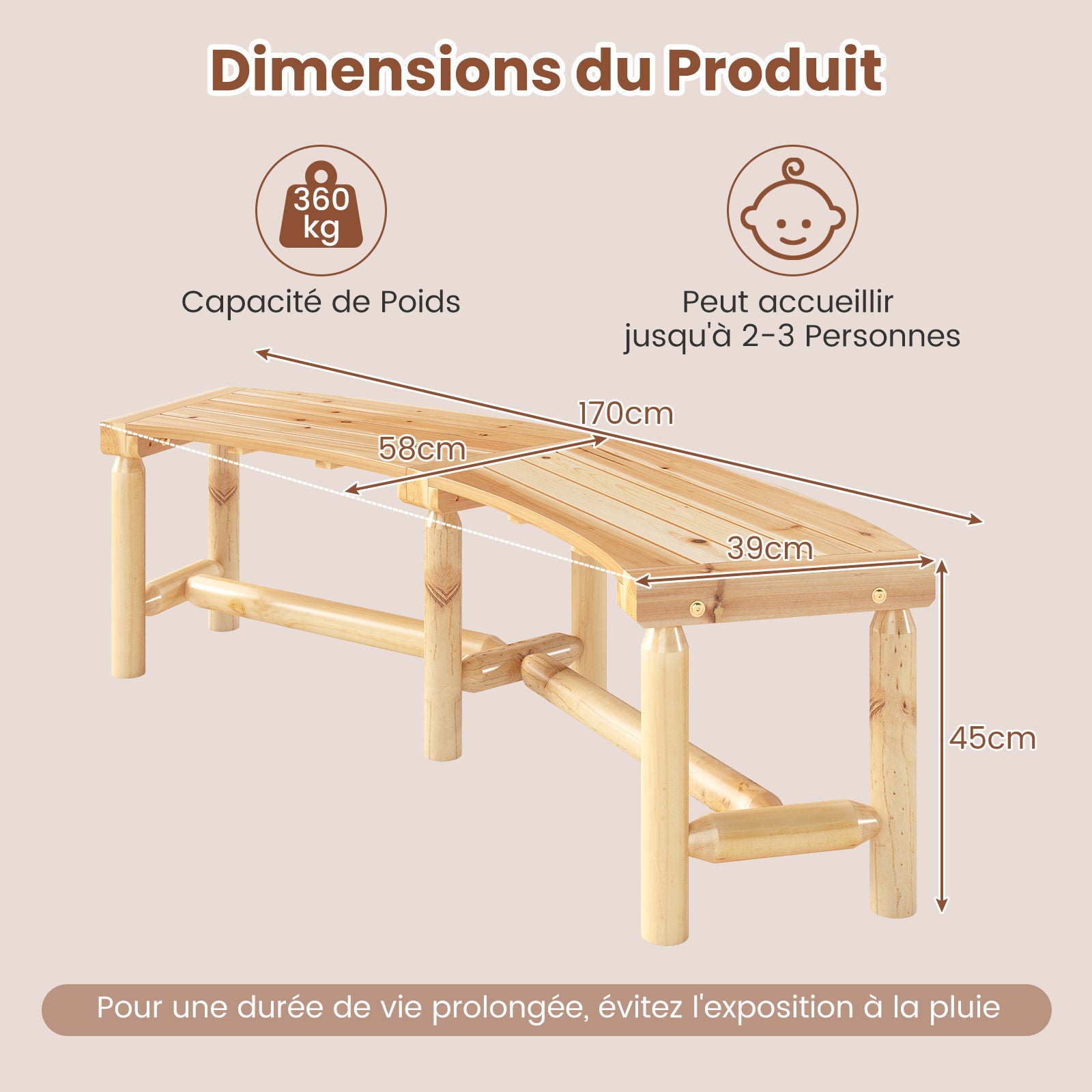 Panchina Curva Da Giardino In Legno Massello COSTWAY - Per 2-3 Persone, Portata 360kg, Ideale Per Bordo Piscina