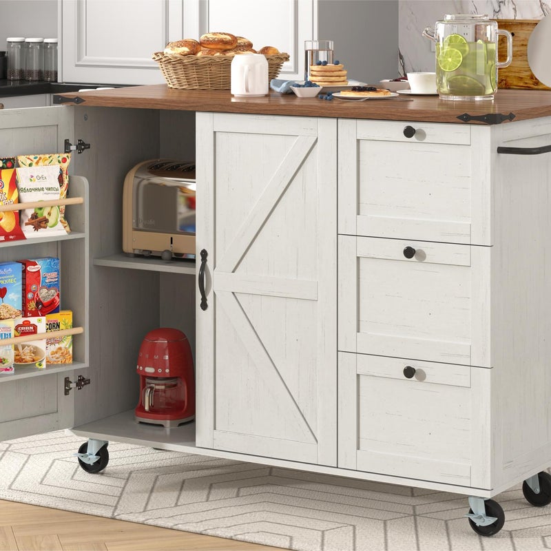 Stolik barowy na kółkach - z wysuwanym blatem - 2 drzwi i 3 szuflady - Beżowy