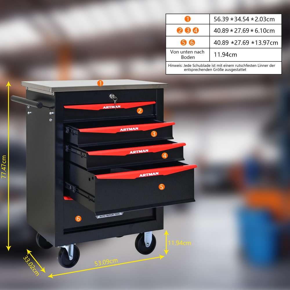 Chariot Multifonction à 5 tiroirs avec roues –Chariot de rangement en métal avec surface en acier inoxydable,pour garage et atelier - 7
