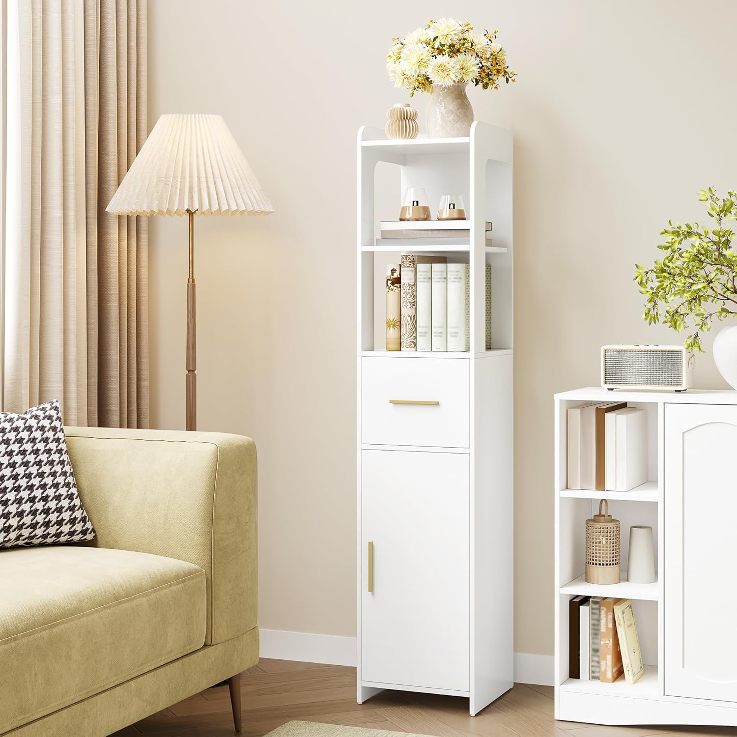 Tangkula Armadietto Bagno Bianco MDF 40x30x70 Cm - Mobiletto Autoportante Con Anta E Ripiano Regolabile, Per Piccoli Spazi