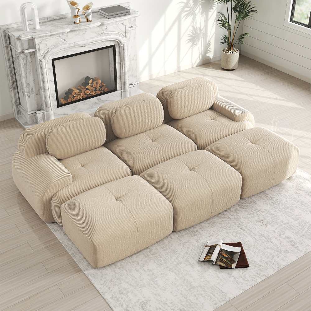 Canapé modulaire 3 places en tissu côtelé avec 3 poufs, accoudoirs extra-larges, rembourrage 32D, sans montage, adapté aux animaux - 2