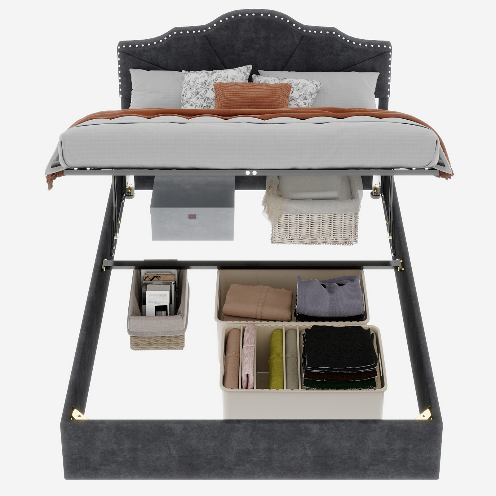 Letto contenitore matrimoniale 160x200 cm, testiera, barre di supporto gonfiabili, grigio metallo, senza materasso - 5