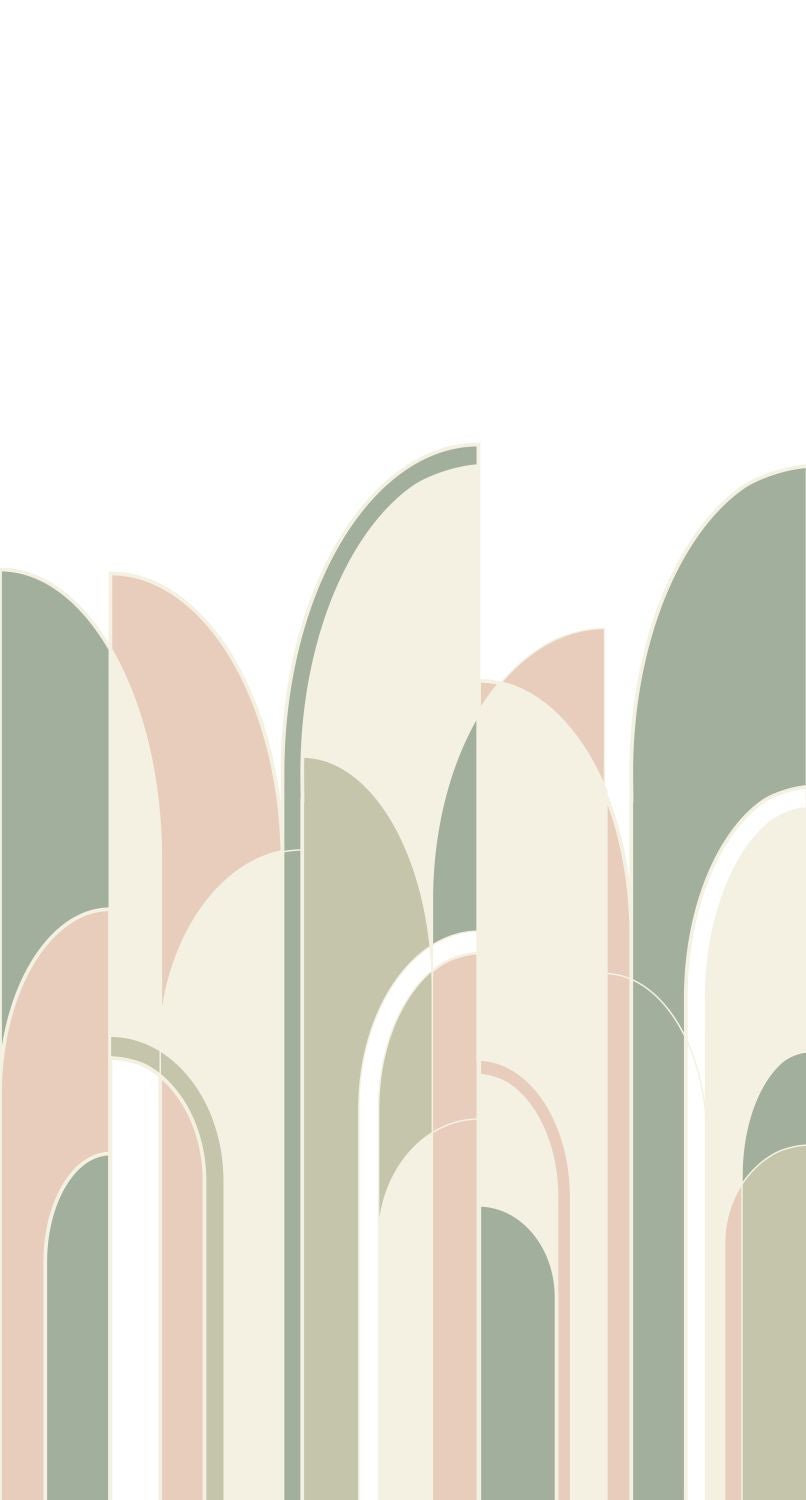 Fotomural arte deco verde grisáceo, rosa melocotón y blanco - 150 x 279 cm - estahome