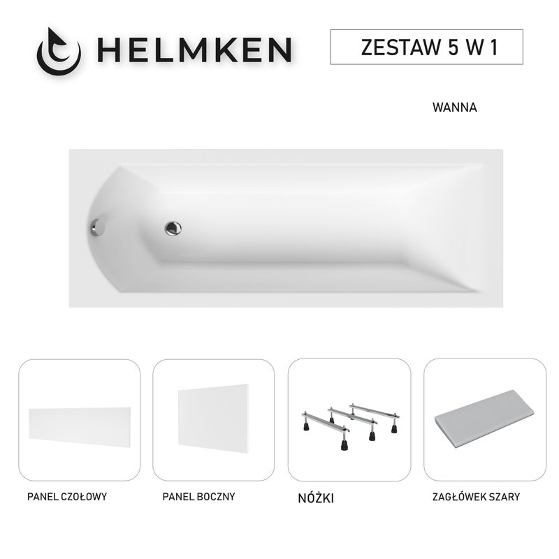 Wanna akrylowa Helmken Vespera 180 x 80 + Panel czołowy i boczny Biały + Zagłówek szary + Nóżki / 23098005ZW