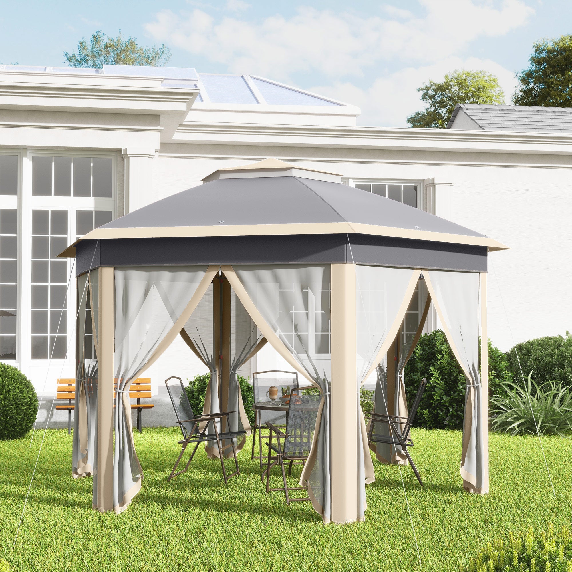 Pavillon Hexagonal 4x4m Imperméable UV - Double Toit, Structure Métal, Sac de Transport Beige/Khaki - 2