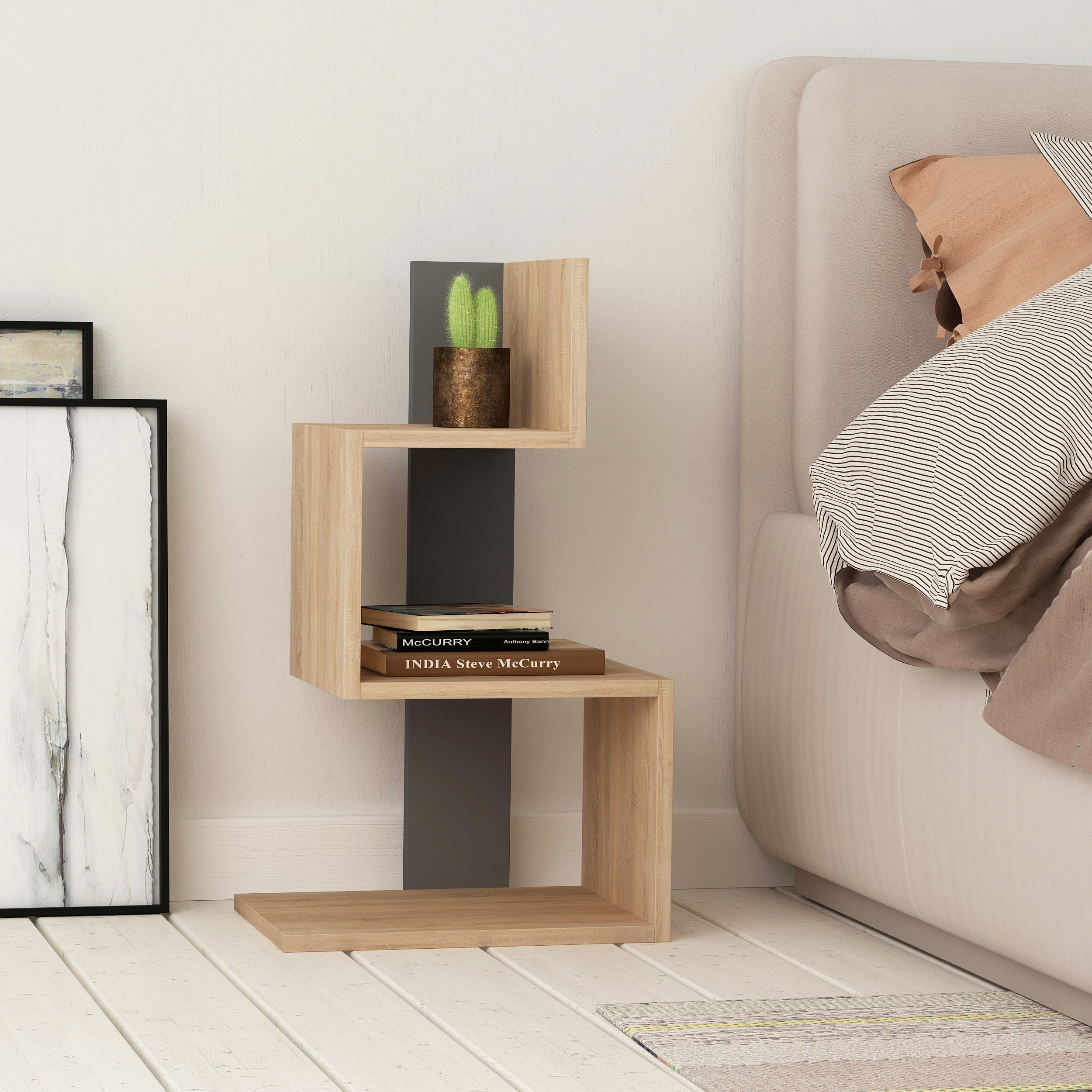 Table D'appoint étroite 3 Niveaux - 40x16,7x66 Cm, Rangement Tissu, Pour Petit Espace, Salon, Chambre, Blanc