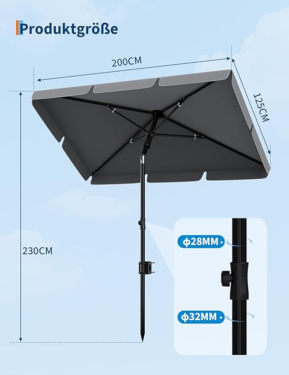 Parasol de Balcon Rectangulaire 200x125 cm, Anti-UV 50+, Inclinable et Réglable, avec Support Balustrade et Housse - 2
